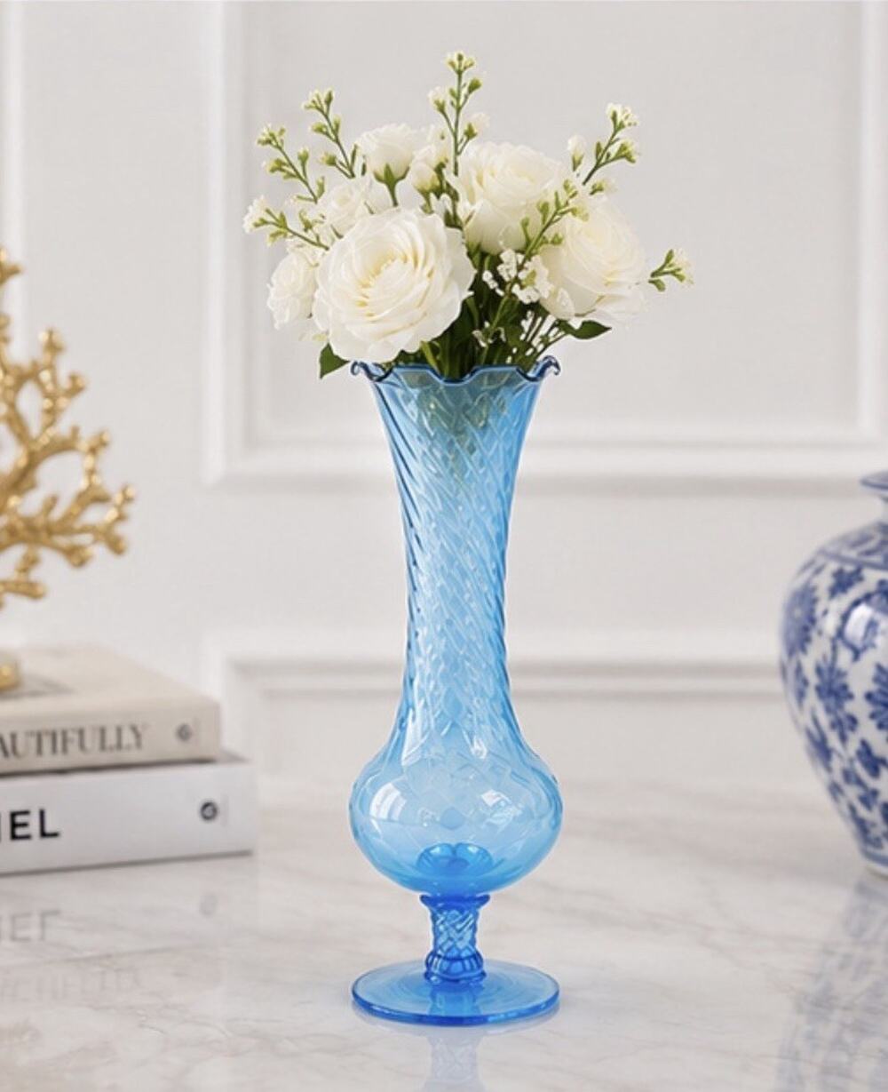 Vintage Blown Glass Fluted Bud Vase Aqua Blue 6" Swirled Body Serpentine Edge